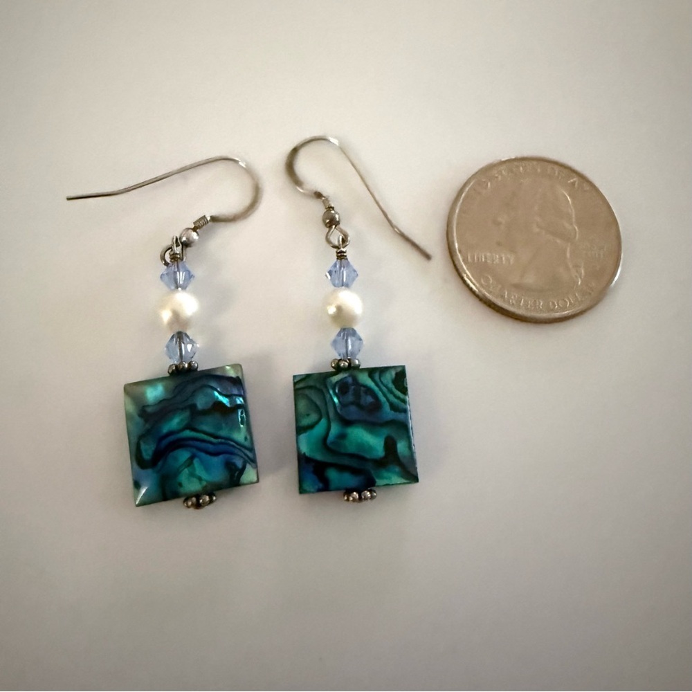 Estate Abalone Shell Pearl Crystal Sterling Silver Earrings NEVER WORN - Picture 4 of 4